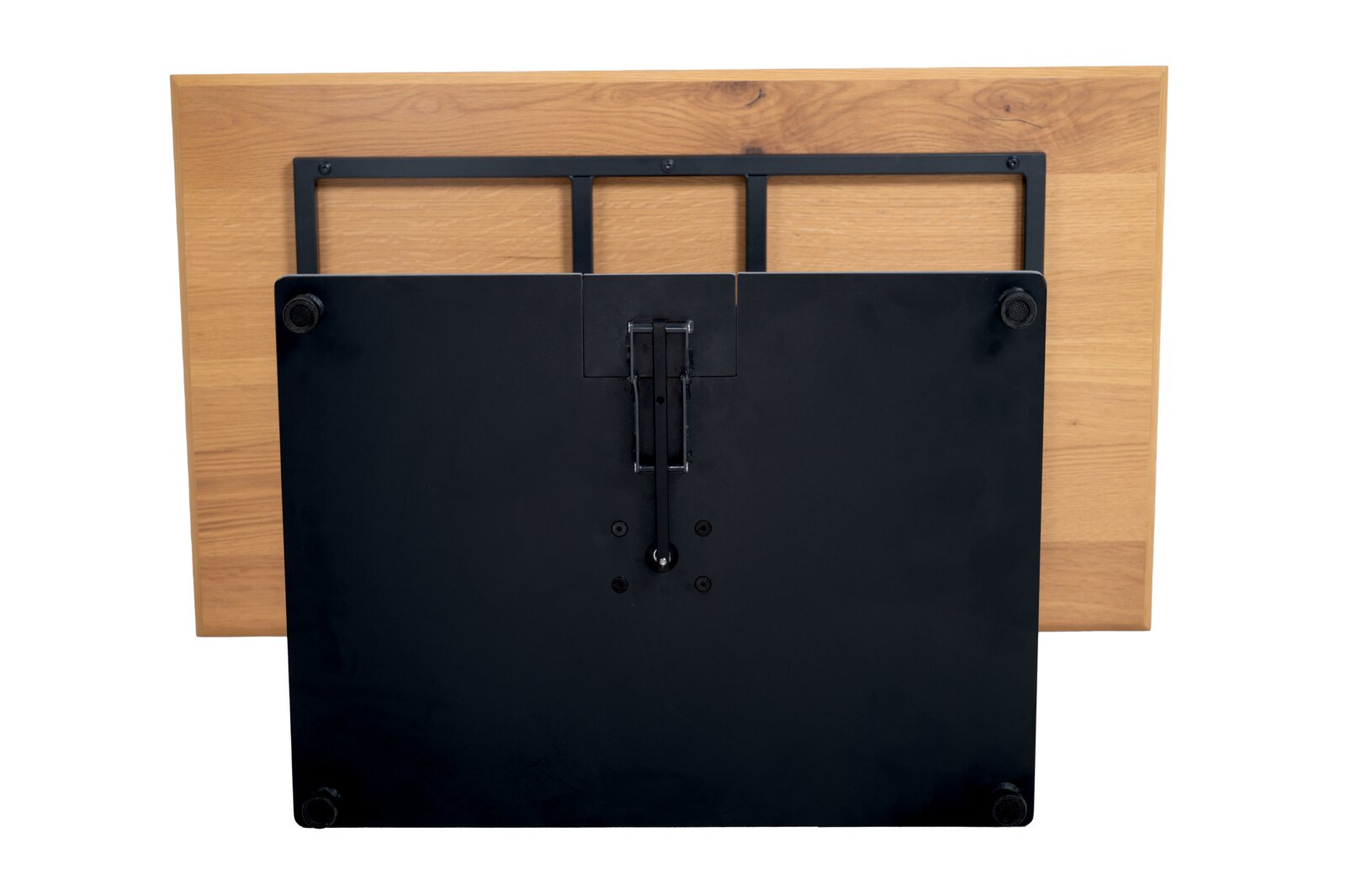 Onderkant van een eet- of bartafel met een zwart metalen frame en een houten blad, gezien van onderaf.