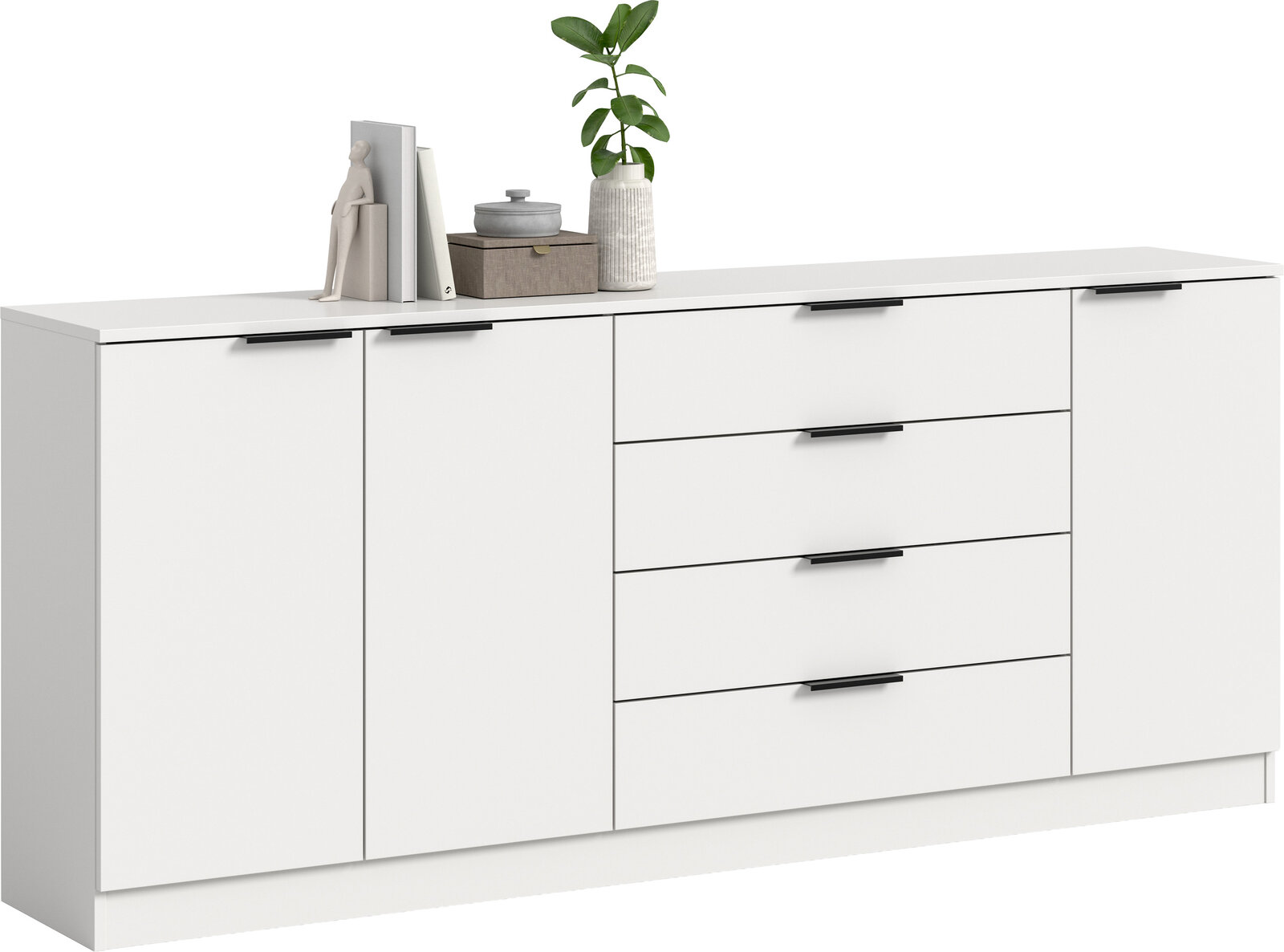 Weiße Sideboard-Kommode mit drei Türen und vier Schubladen, schwarzen Griffleisten und Deko auf der Ablage, in frontaler Perspektive leicht von links auf weißem Hintergrund.