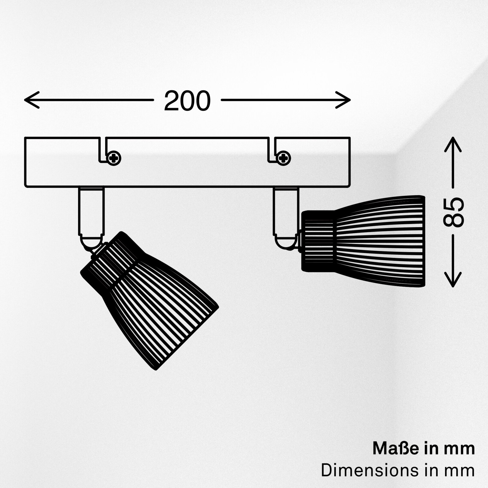 Technische Zeichnung einer zweiflammigen Decken-/Wandleuchte mit zwei verstellbaren Spotköpfen, Breite 200 mm und Höhe 85 mm, Seitenansicht mit Maßpfeilen
