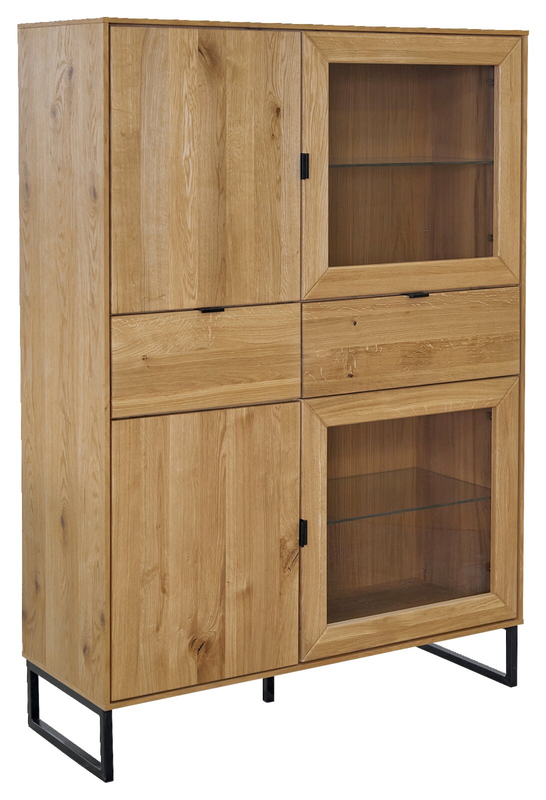 Z2 Highboard EDGE Hoher Holzschrank aus massiver Eiche mit zwei Glastüren, zwei Holztüren und zwei Schubladen auf schwarzem Metallgestell, Ansicht schräg von vorn links