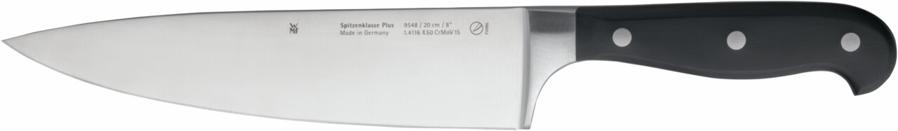 Küchenmesser mit schwarzem Griff und Edelstahlklinge, seitliche Ansicht