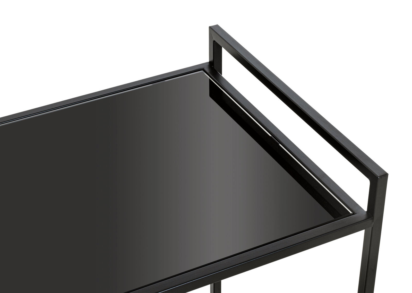 Nahaufnahme eines modernen schwarzen Beistellwagens mit Glasoberfläche, von oben betrachtet.