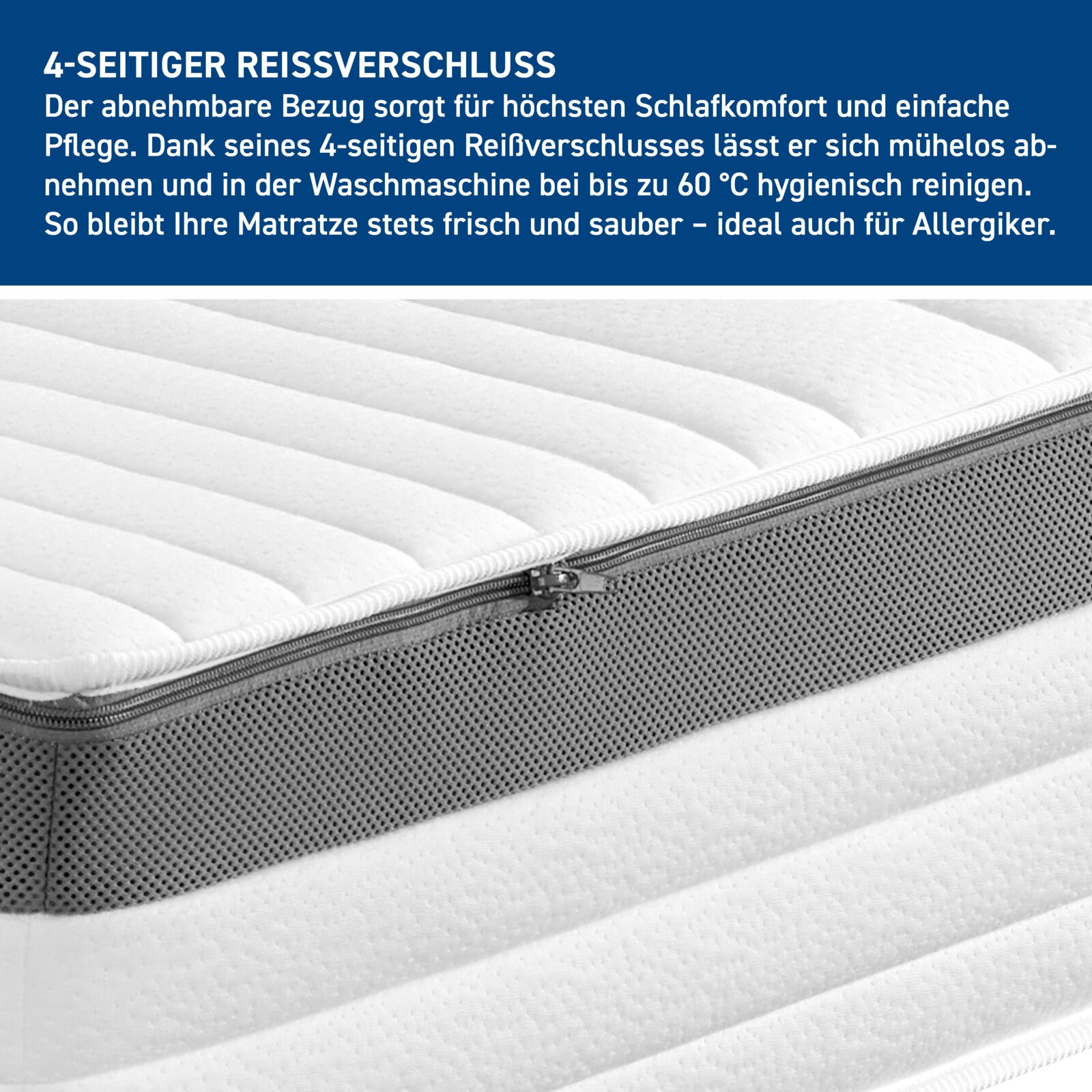 Nahaufnahme einer TTFK-Matratze H3 mit abnehmbarem Bezug und 4-seitigem Reißverschluss, ideal für Allergiker, seitliche Perspektive