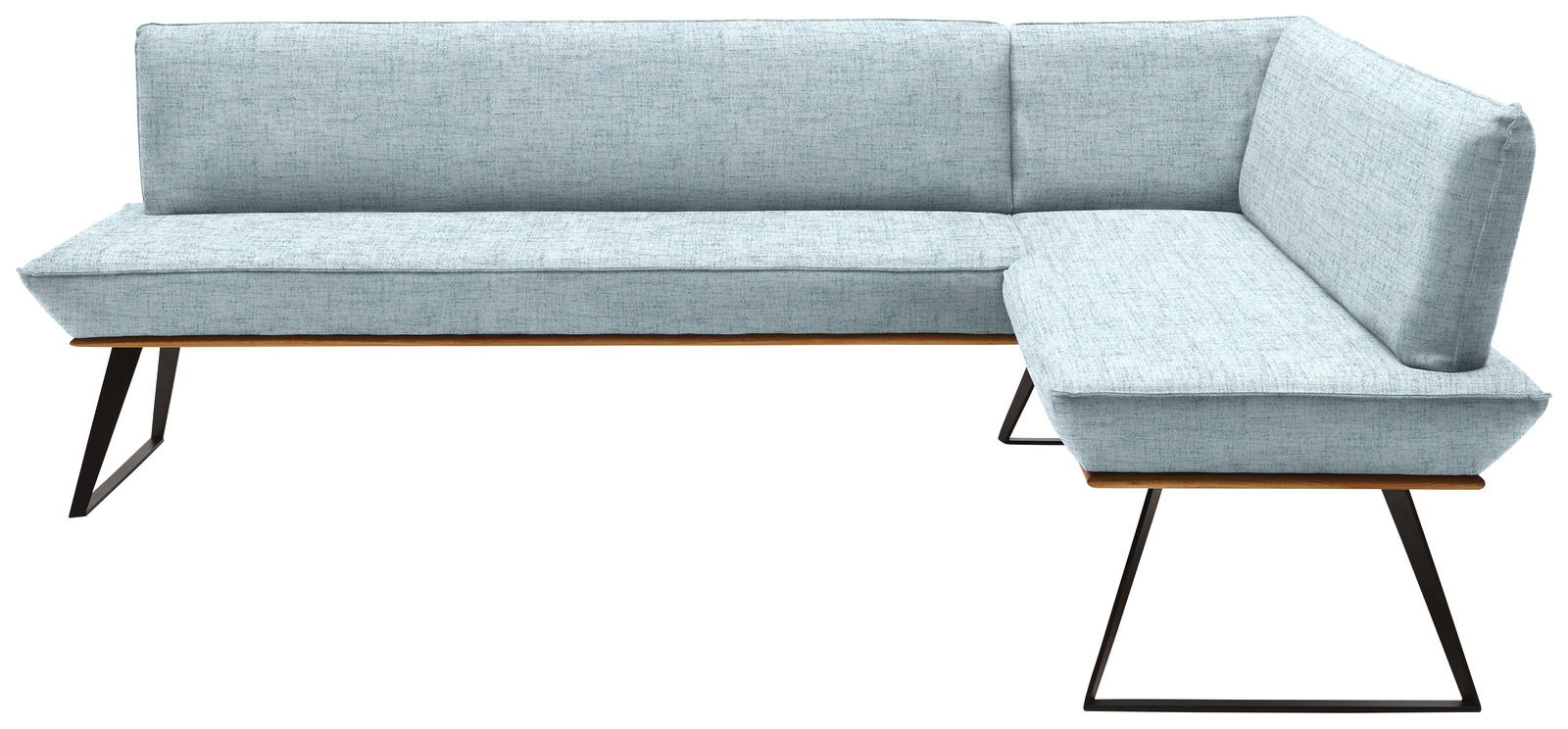 Eckbank in hellblauem Stoffbezug mit schwarzem Metallgestell, Perspektive von vorne