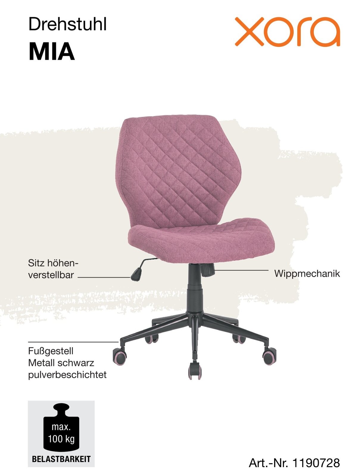 Drehstuhl MIA in seitlicher Perspektive, mit höhenverstellbarem Sitz, Wippmechanik und schwarzem, pulverbeschichtetem Metallfußgestell. Belastbarkeit bis 100 kg.