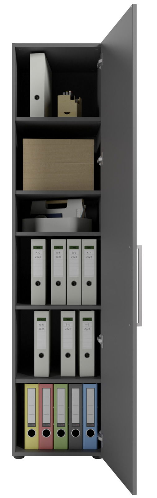 Hoher Aktenschrank mit geöffneter Tür, gefüllt mit Ordnern und Boxen, rechte Seitenansicht.