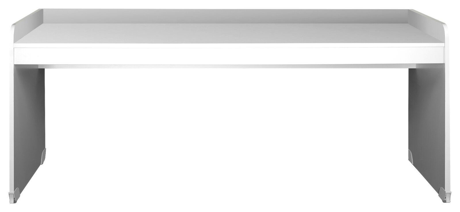 Moderner weißer Schreibtisch aus der Frontansicht mit schlichtem Design.