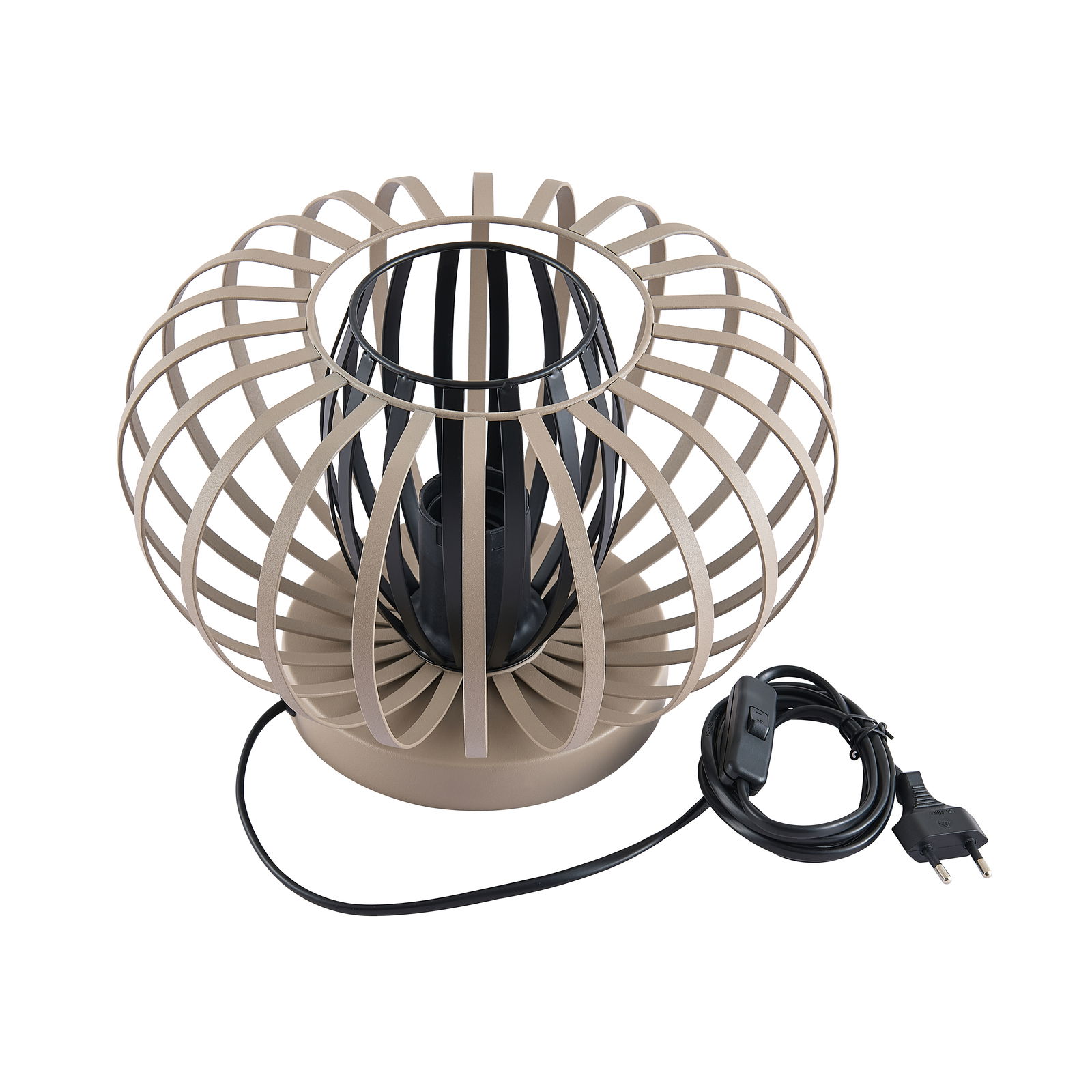 Moderne Tischleuchte mit kugelförmigem, offenen Design aus beigen Streben und schwarzem Kabel, Ansicht von oben.