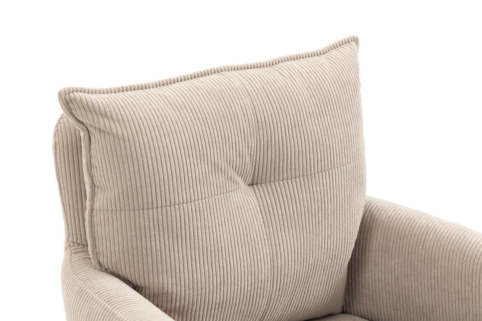 Nahaufnahme eines beigen, gerippten Barhockers mit gepolsterter Rückenlehne, seitliche Perspektive.