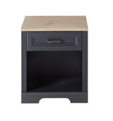 Frontansicht eines Rollregals mit einer Schublade und einem offenen Fach, dunkle Farbe mit heller Holzoberfläche.