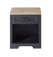 Frontansicht eines Rollregals mit einer Schublade und einem offenen Fach, dunkle Farbe mit heller Holzoberfläche.