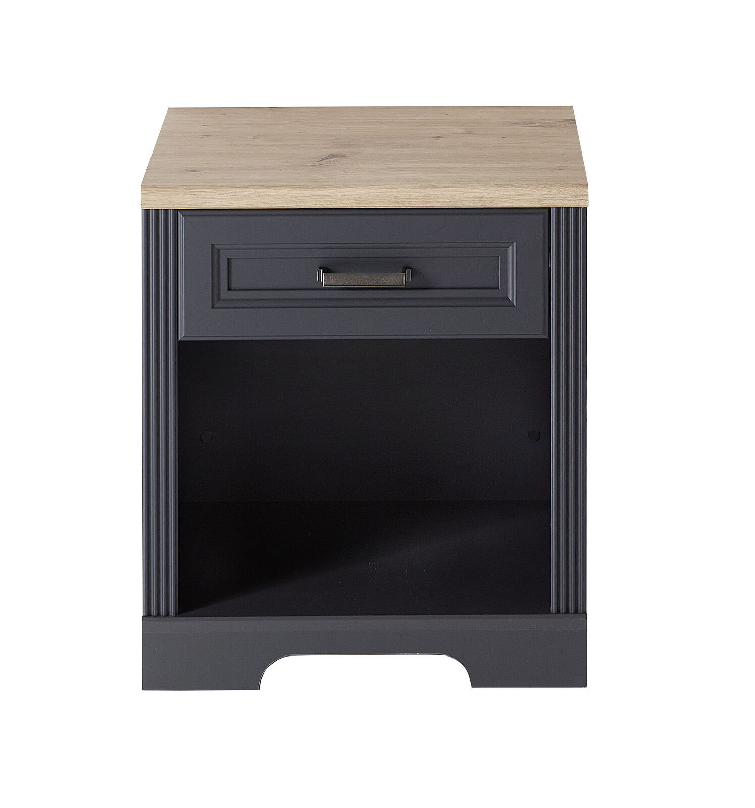 Landscape Rollregal JUDITH Frontansicht eines Rollregals mit einer Schublade und einem offenen Fach, dunkle Farbe mit heller Holzoberfläche.