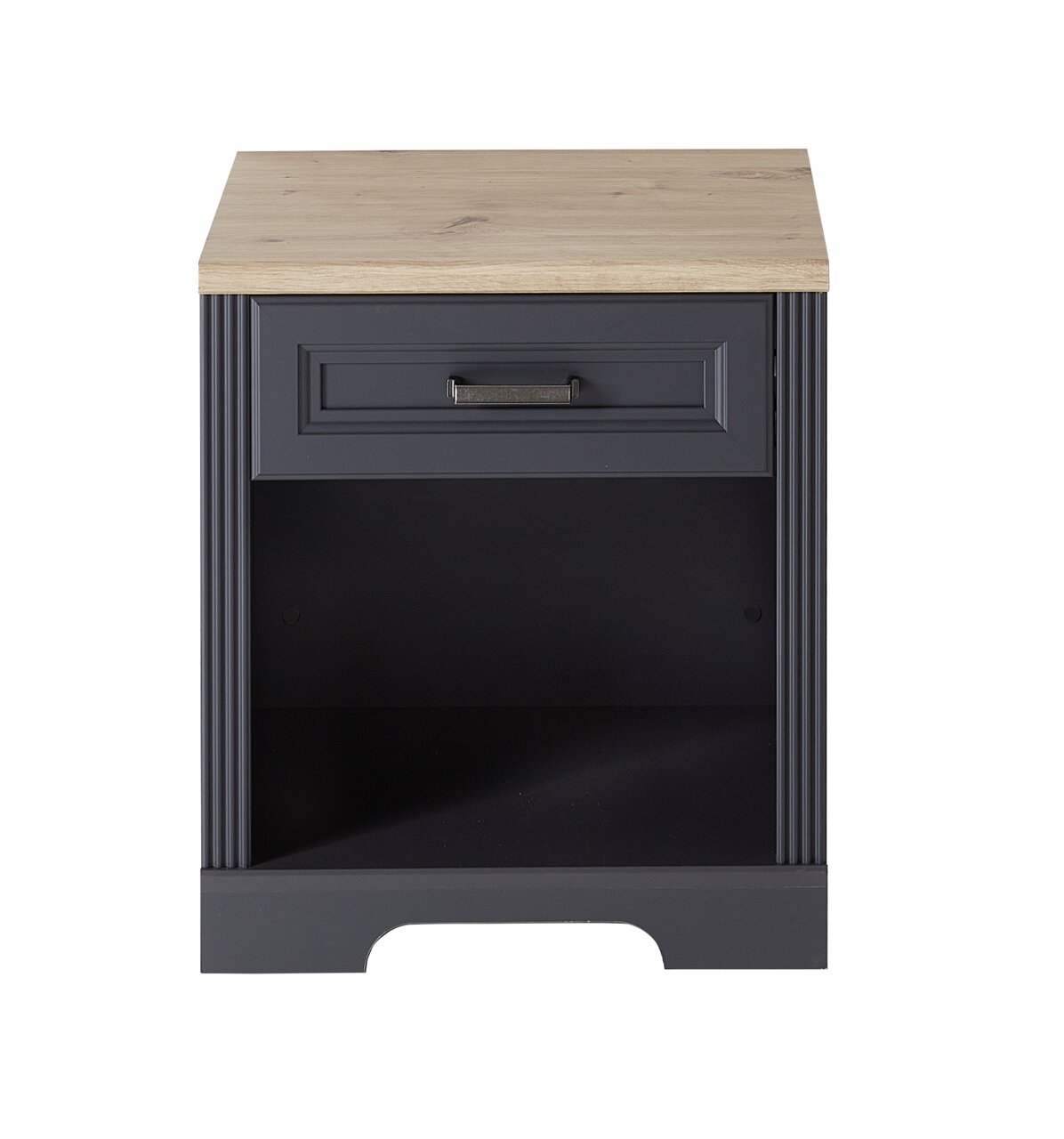 Landscape Rollregal JUDITH Frontansicht eines Rollregals mit einer Schublade und einem offenen Fach, dunkle Farbe mit heller Holzoberfläche.