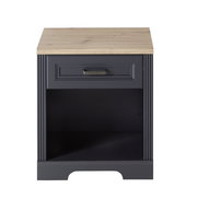 Frontansicht eines Rollregals mit einer Schublade und einem offenen Fach, dunkle Farbe mit heller Holzoberfläche.