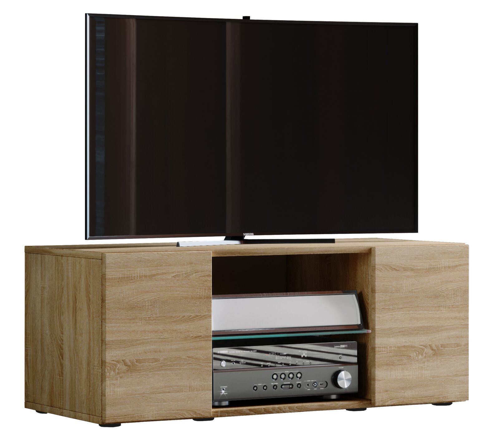 VCM TV-Lowboard LOWINA Modernes TV-Lowboard in heller Eichenoptik mit offenem Gerätefach und zwei seitlichen Schiebetüren, frontal aus leicht schräger Perspektive mit Fernseher obenauf und AV-Receiver im Fach