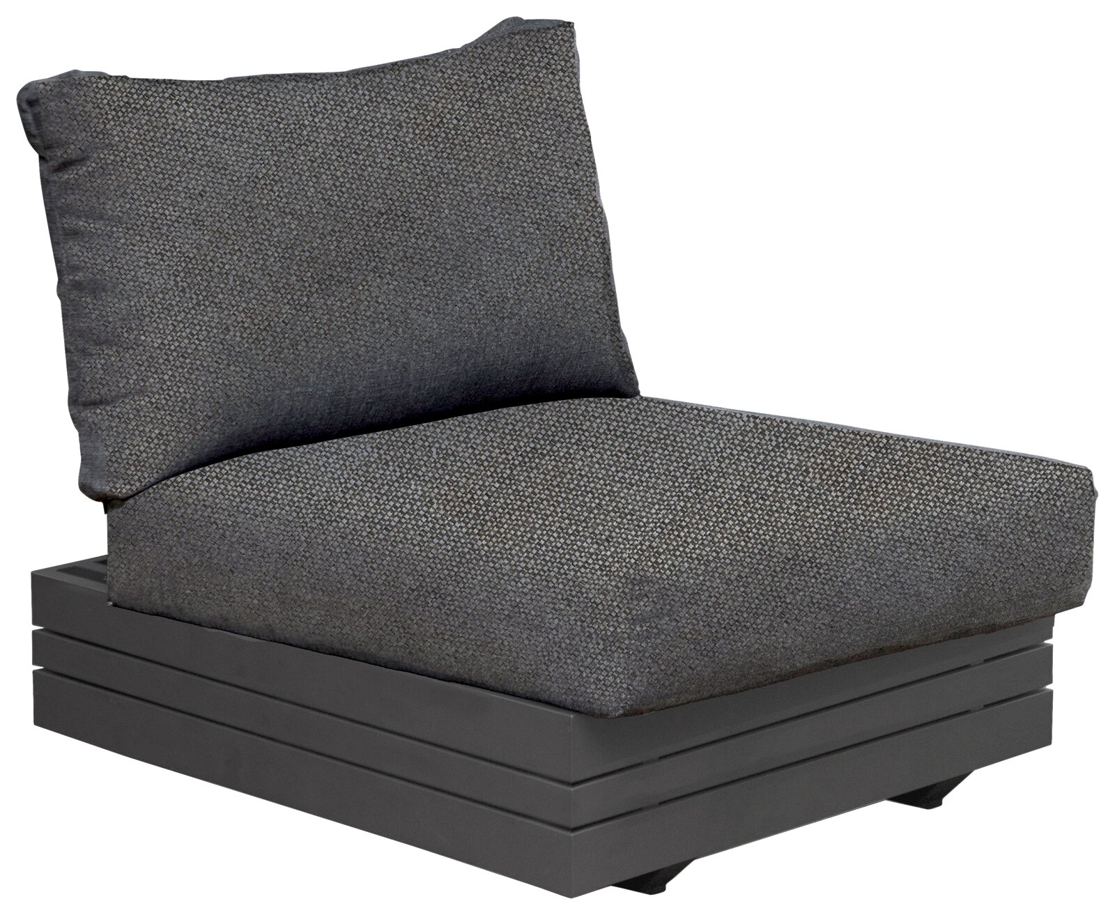 Moderner Loungesessel mit grauem Stoffbezug und schwarzem Sockel, seitliche Perspektive