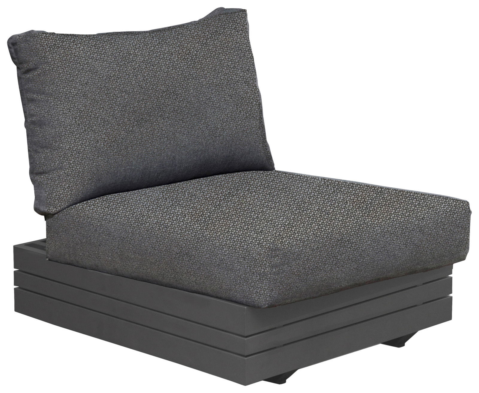 Moderner Loungesessel mit grauem Stoffbezug und schwarzem Sockel, seitliche Perspektive