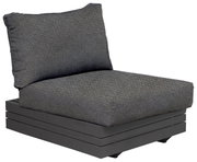 Moderne loungestoel met grijze stoffen bekleding en zwarte voet, zijaanzicht