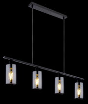 Moderne Hängeleuchte mit vier zylindrischen Glaskörpern und sichtbaren Glühbirnen, seitliche Perspektive