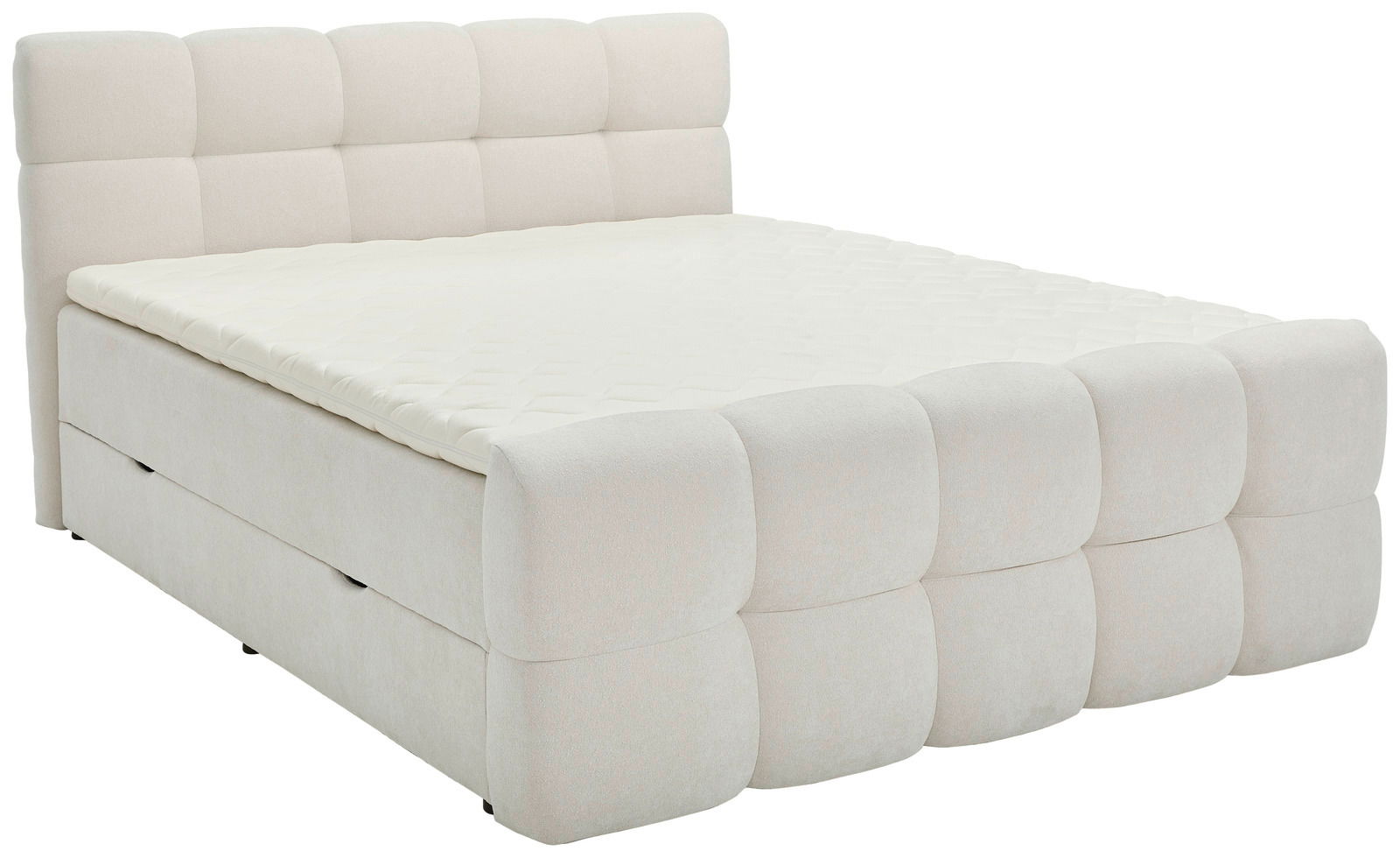 Boxbett in Cremefarbe mit gepolstertem Kopfteil und seitlicher Perspektive