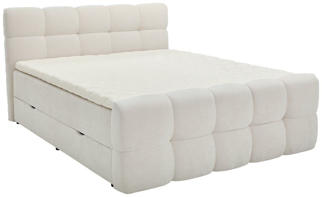 Boxbett in Cremefarbe mit gepolstertem Kopfteil und seitlicher Perspektive