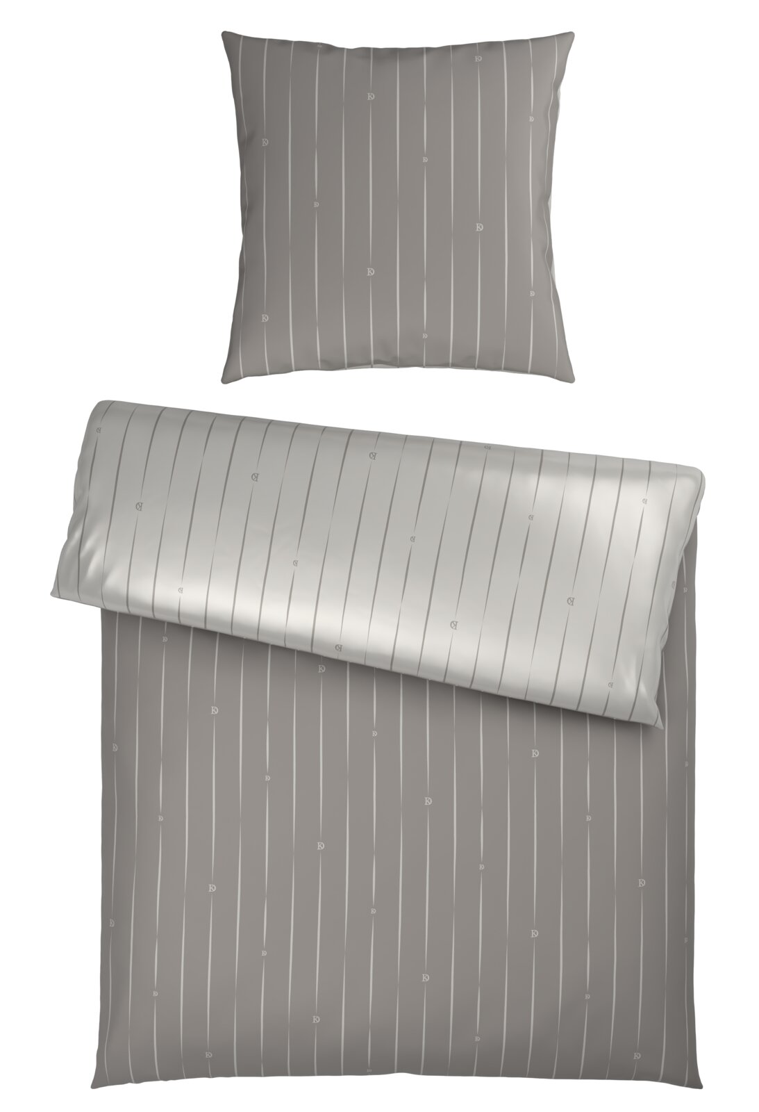 Wendebettwäsche-Set in Grau mit feinen vertikalen Streifen, bestehend aus einem Kissenbezug und einem Bettdeckenbezug, aus der Vogelperspektive.