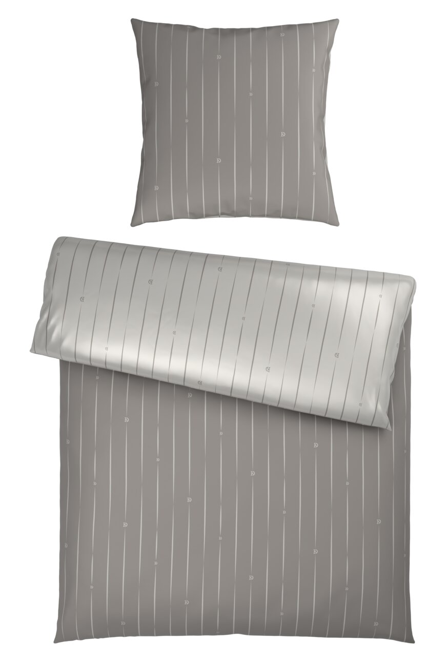 Dieter Knoll Satin Wendebettwäsche 135/200cm Wendebettwäsche-Set in Grau mit feinen vertikalen Streifen, bestehend aus einem Kissenbezug und einem Bettdeckenbezug, aus der Vogelperspektive.