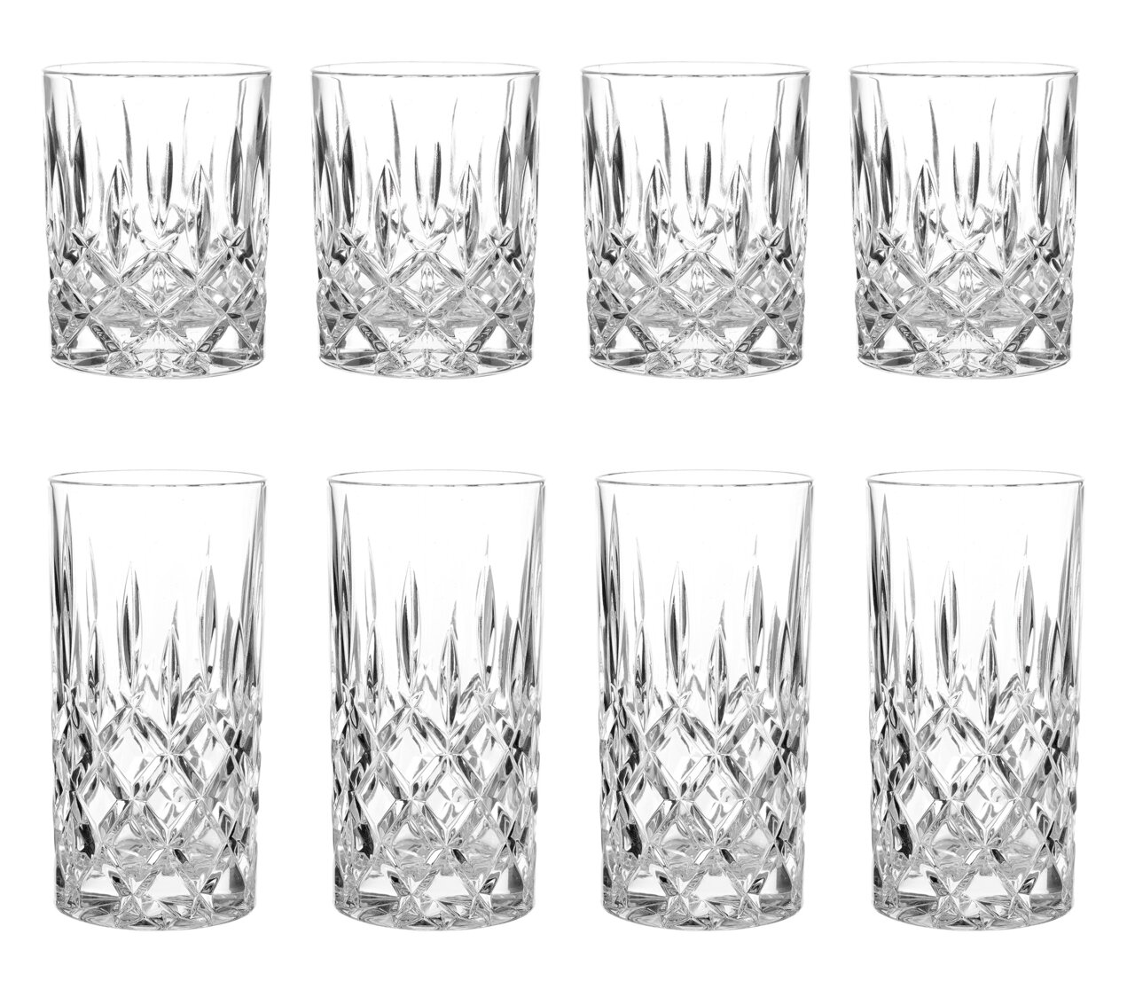 Acht klare Kristallgläser mit geschliffenem Rautenmuster, vier niedrige Tumbler und vier hohe Longdrinkgläser, frontal in Reihen auf weißem Hintergrund abgebildet.
