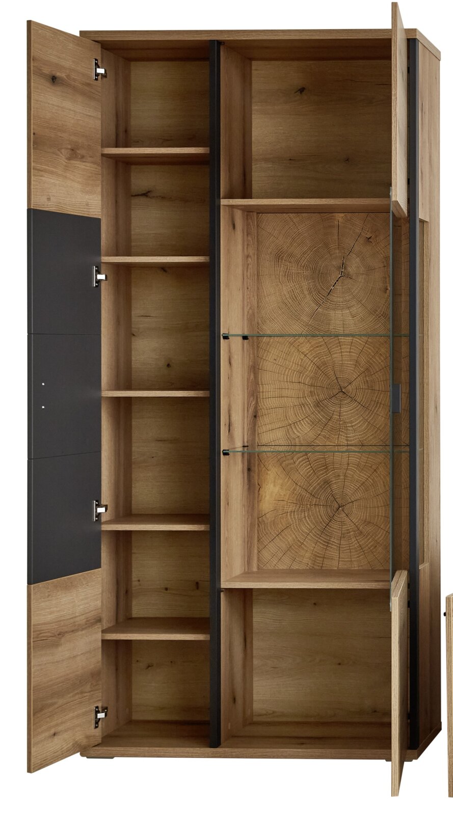 XORA Vitrine MELO Offener Vitrinen- bzw. Wohnzimmerschrank in Holzoptik mit schwarzem Akzent, Glasböden und mehreren Fächern, frontal aus leicht seitlicher Perspektive
