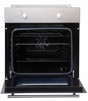 Offener Backofen mit Edelstahlfront und zwei Drehknöpfen, Frontalansicht