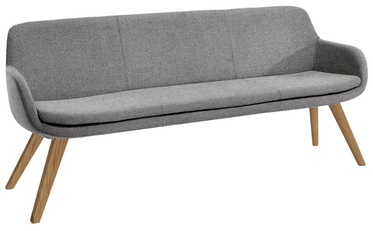 Graue Polsterbank mit Holzbeinen, seitliche Perspektive
