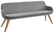 Graue Polsterbank mit Holzbeinen, seitliche Perspektive