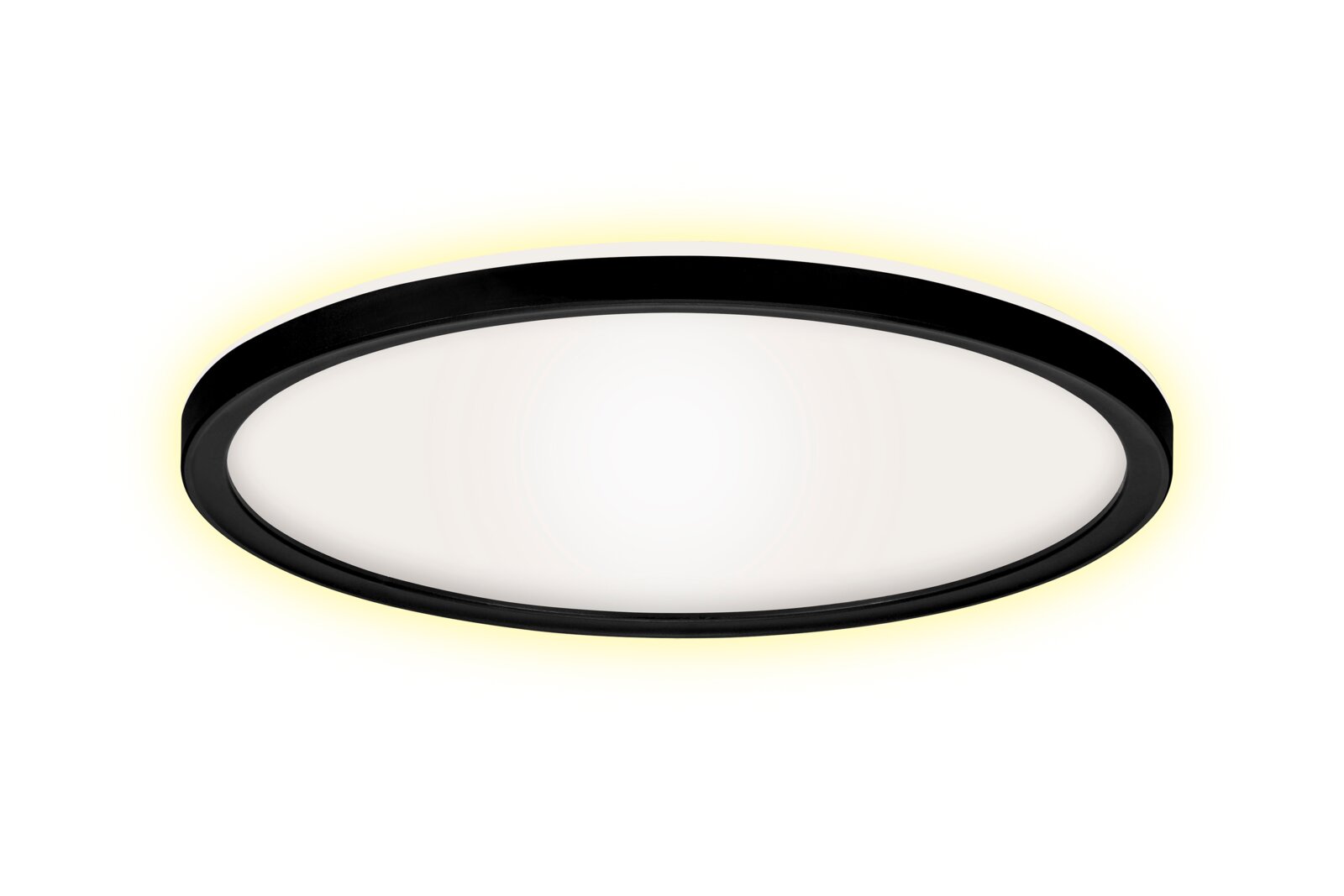 Runde LED-Deckenleuchte mit schwarzem Rahmen, seitliche Perspektive