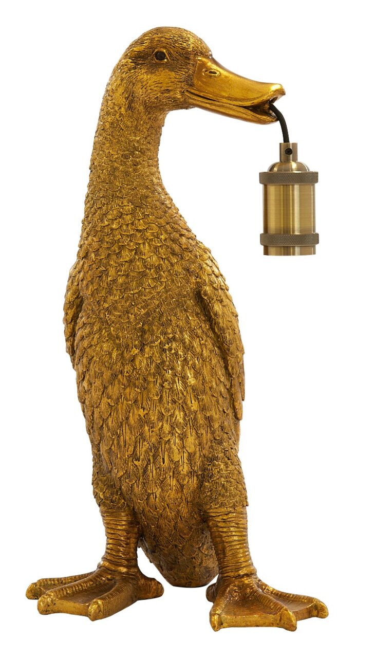 Goldene Tischleuchte in Form einer Ente, die eine Lampenfassung im Schnabel hält, seitliche Perspektive