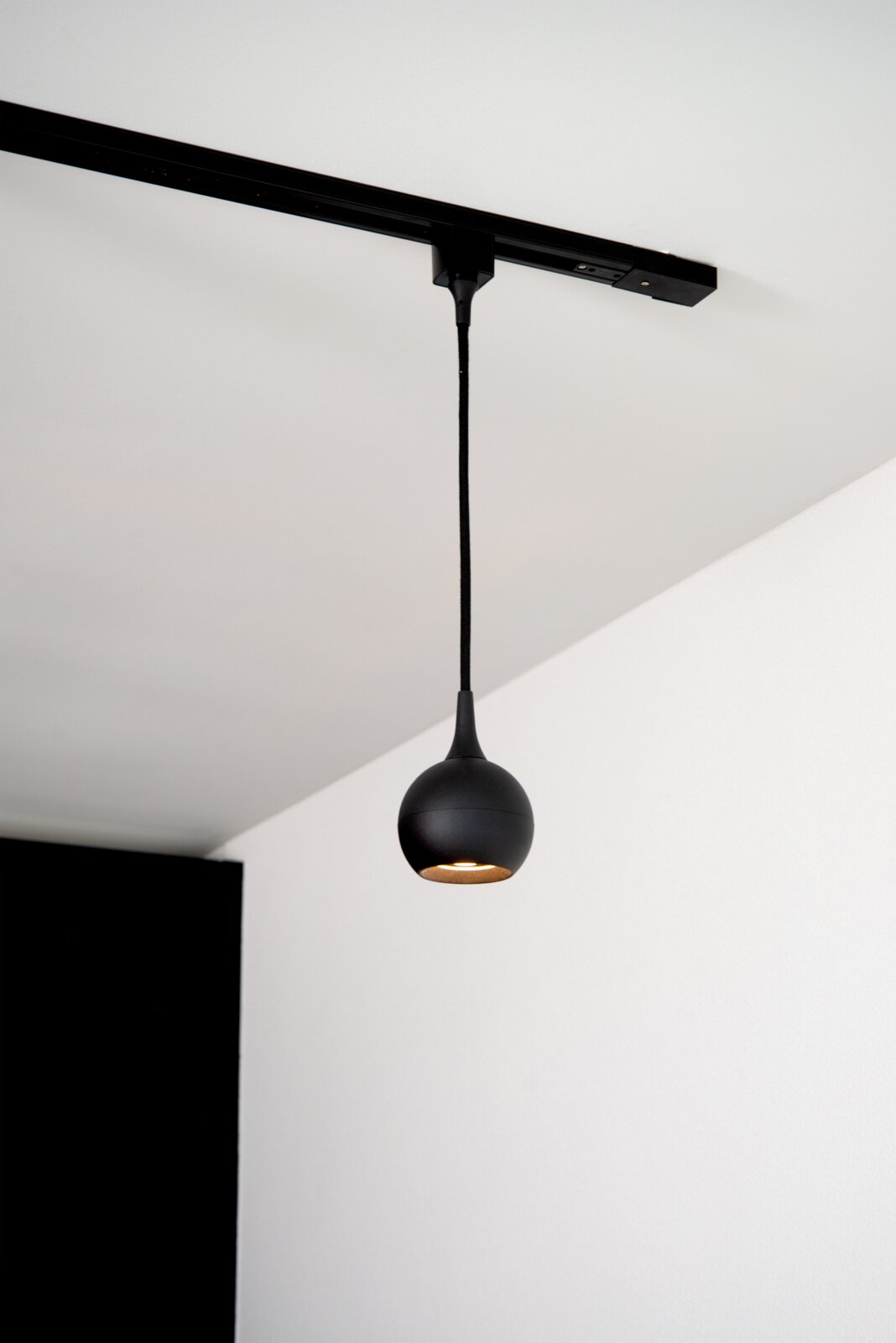 Zwarte hanglamp FAVORI, bolvormig, hangend aan het plafond, zijaanzicht.