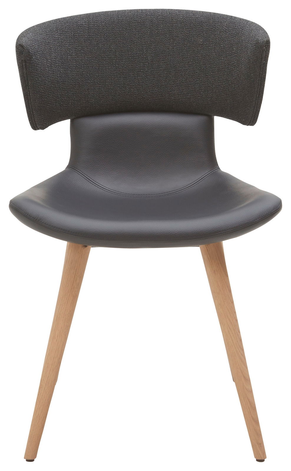 Moderner Stuhl mit schwarzem Sitz und Rückenlehne aus Stoff, helle Holzbeine, Frontalansicht.