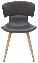 Moderner Stuhl mit schwarzem Sitz und Rückenlehne aus Stoff, helle Holzbeine, Frontalansicht.