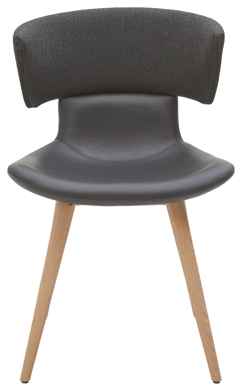 Moderner Stuhl mit schwarzem Sitz und Rückenlehne aus Stoff, helle Holzbeine, Frontalansicht.