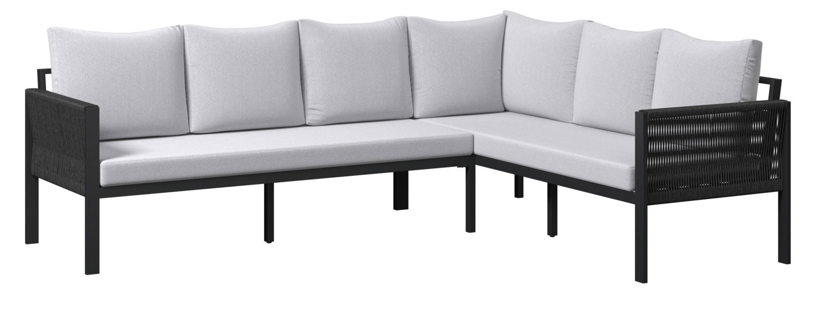 Gartenlounge-Set in L-Form mit hellgrauen Kissen und schwarzem Rahmen, seitliche Perspektive
