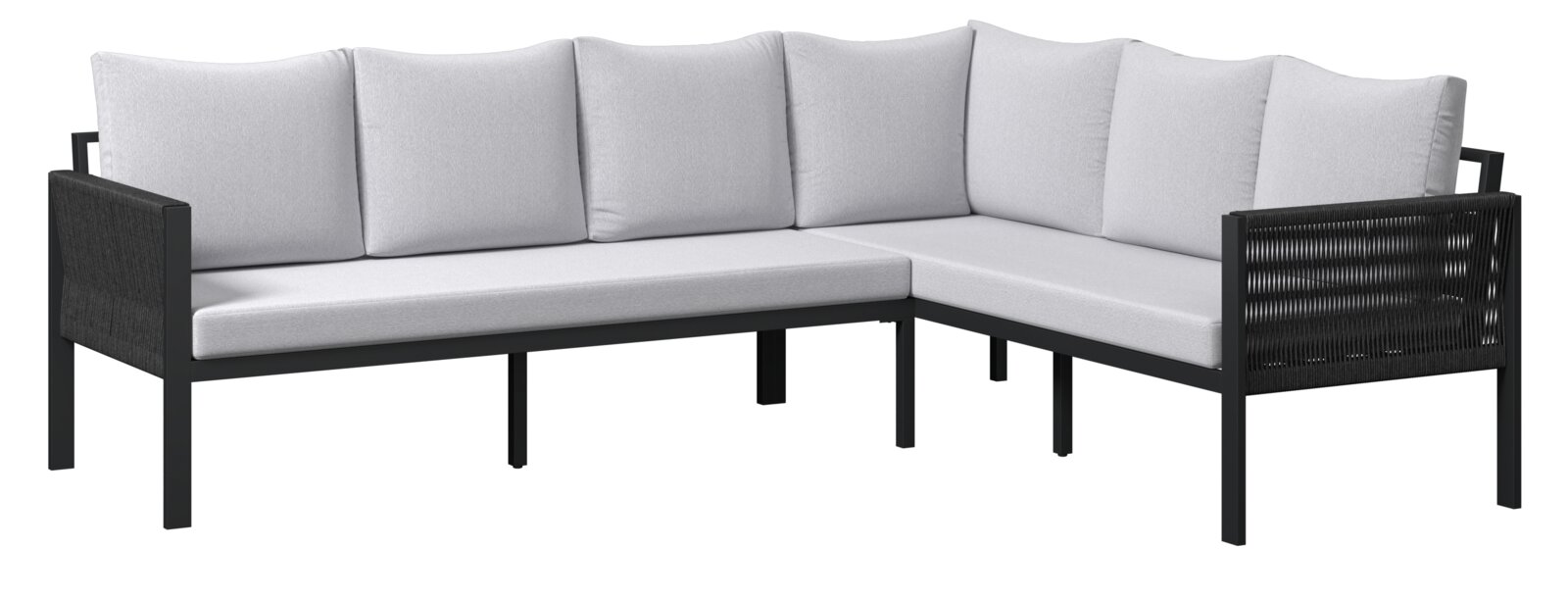 Gartenlounge-Set in L-Form mit hellgrauen Kissen und schwarzem Rahmen, seitliche Perspektive
