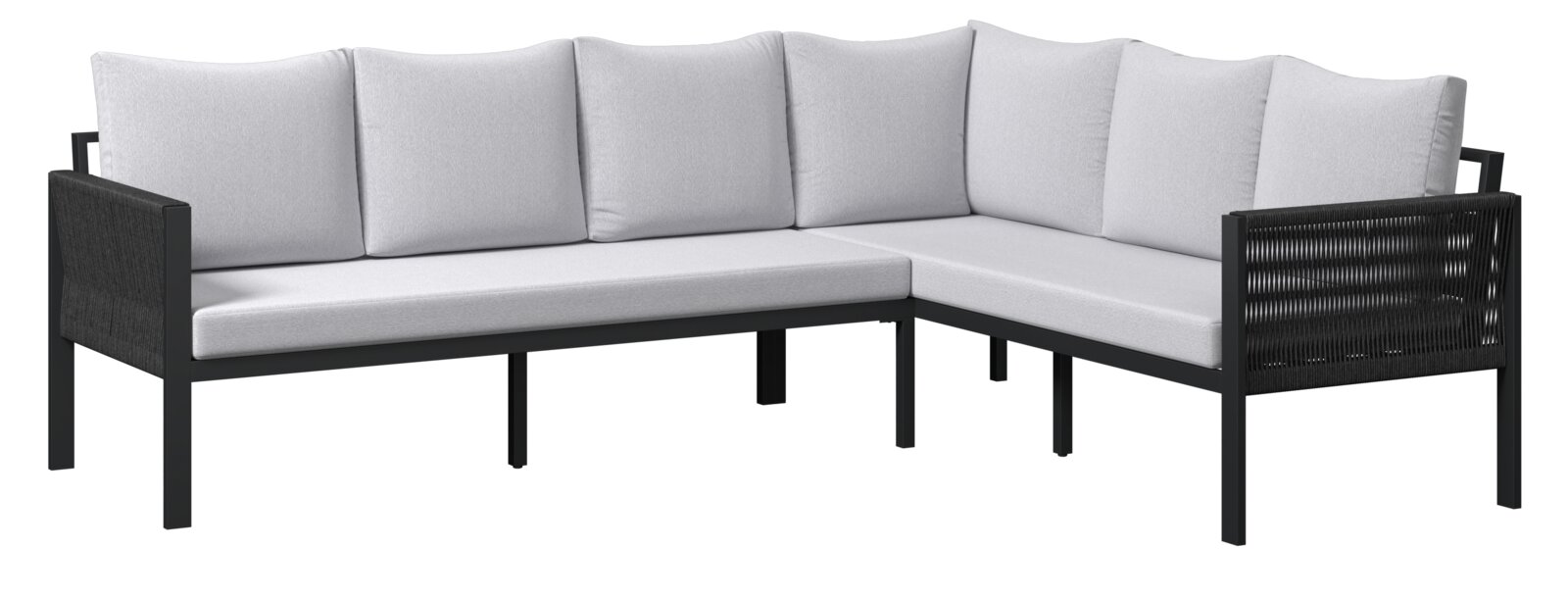 Gartenlounge-Set in L-Form mit hellgrauen Kissen und schwarzem Rahmen, seitliche Perspektive