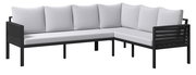 Gartenlounge-Set in L-Form mit hellgrauen Kissen und schwarzem Rahmen, seitliche Perspektive