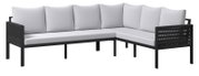 Gartenlounge-Set in L-Form mit hellgrauen Kissen und schwarzem Rahmen, seitliche Perspektive
