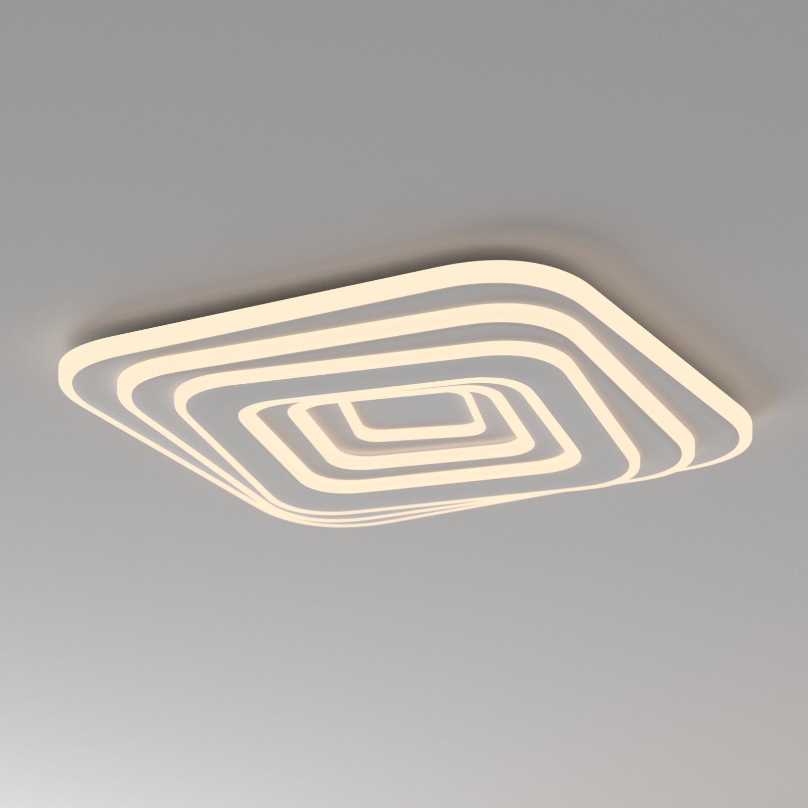 Moderne quadratische LED-Deckenleuchte mit mehrstufigem, spiralförmigem Lichtdesign in Warmweiß, Ansicht schräg von unten an der Decke