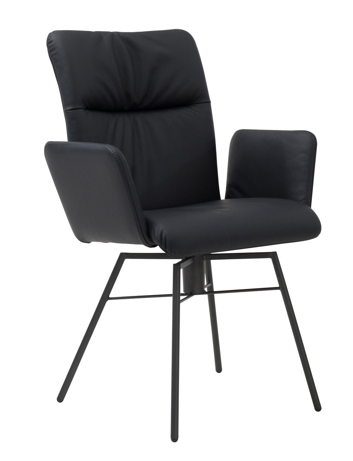 Schwarzer Armlehnstuhl mit Metallbeinen, seitliche Perspektive
