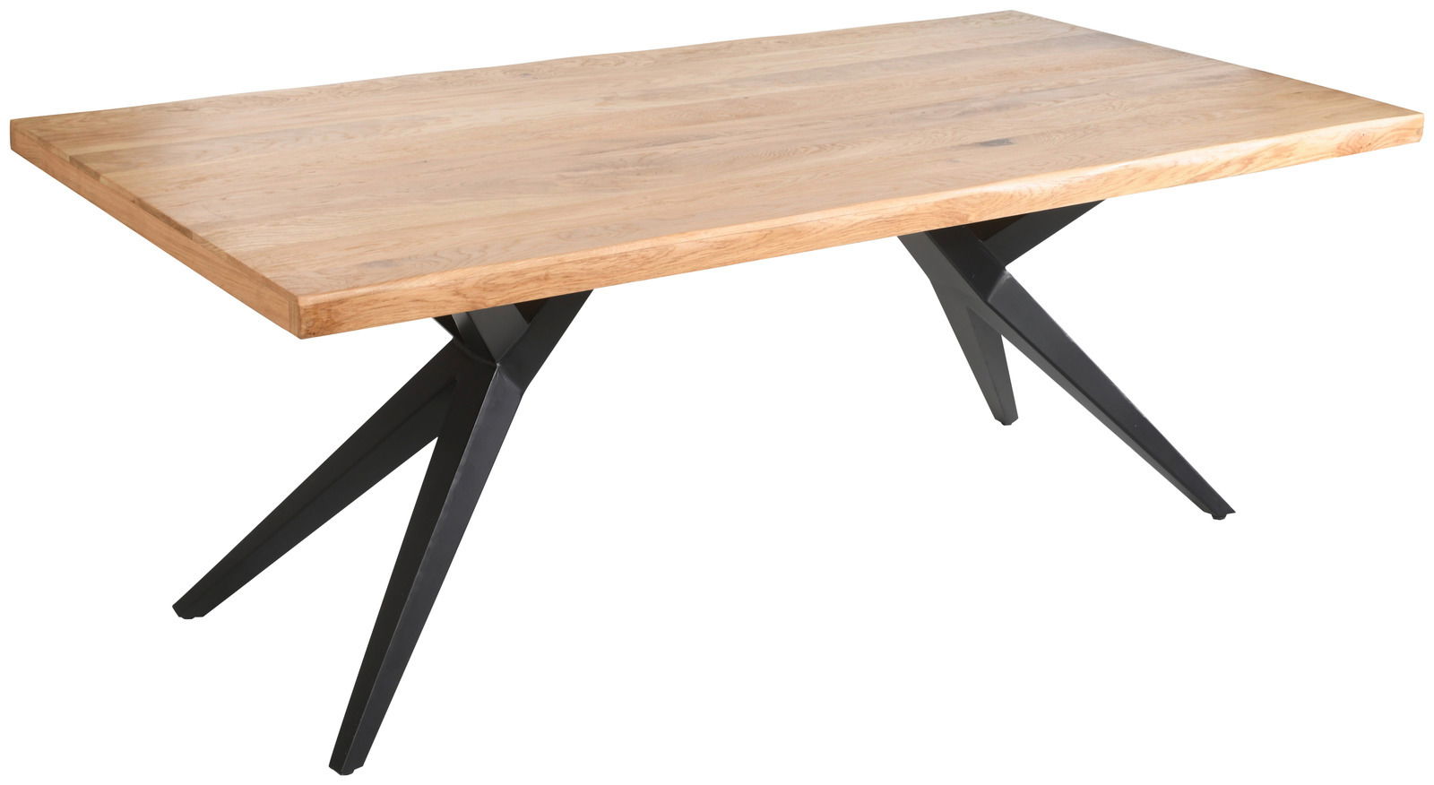 Moderner Esstisch mit Holzplatte und schwarzen Metallbeinen, seitliche Perspektive