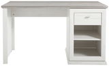 Moderner Schreibtisch in Weiß mit grauer Tischplatte, Schublade und Regalfächern, Frontalansicht