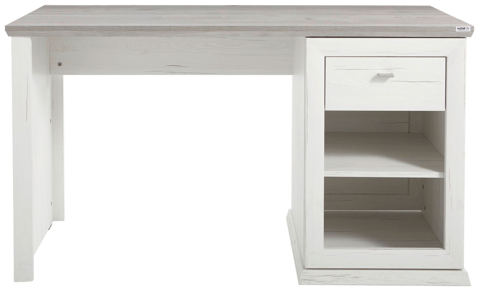 Moderner Schreibtisch in Weiß mit grauer Tischplatte, Schublade und Regalfächern, Frontalansicht