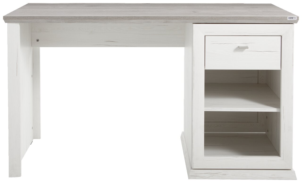 Modern bureau in wit met grijs tafelblad, lade en open vakken, vooraanzicht