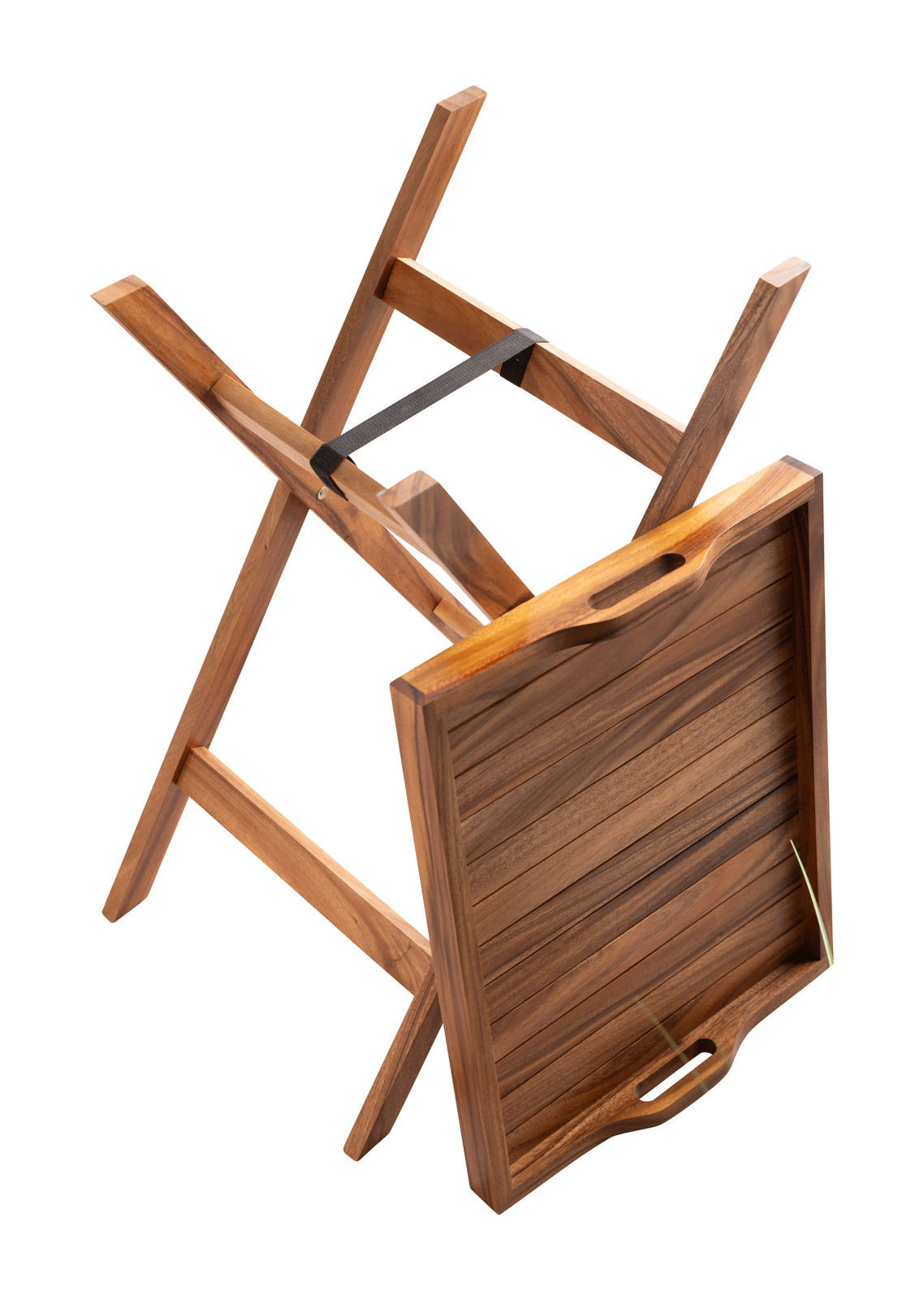 Holz-Serviertablett mit Standfuß, seitliche Perspektive, zusammengeklappt